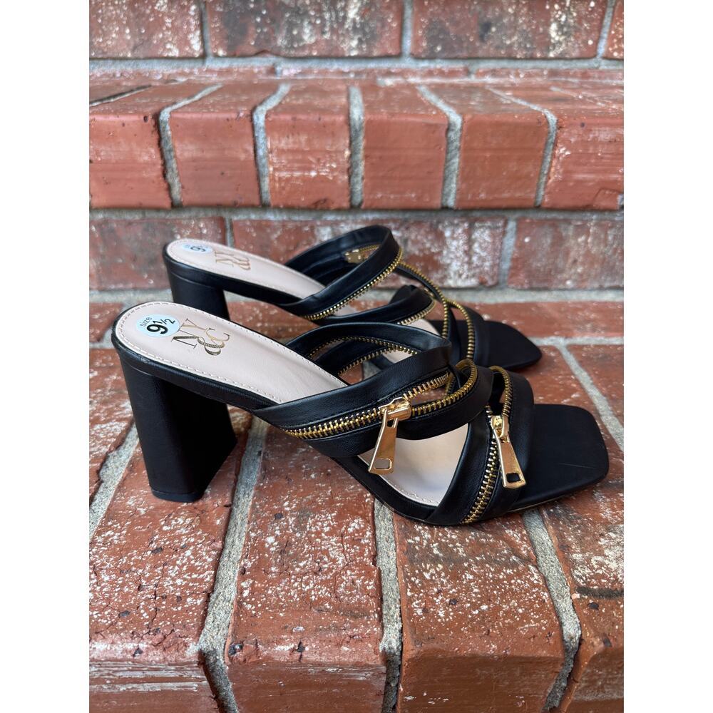 NY&CO Black Faux Leather Sage Zip Mules 9.5 Block Heel Square Toe Comfort Slide